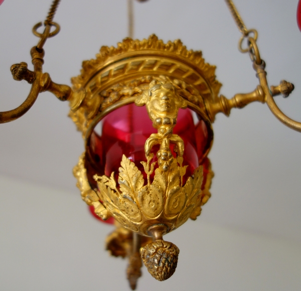 Lustre en bronze doré et cristal rouge d'époque XIXe - lampe de sanctuaire