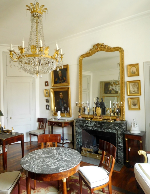 Grand lustre corbeille en cristal et bronze doré au mercure, époque Empire, 10 lumières