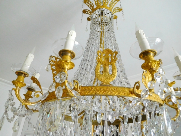 Grand lustre corbeille en cristal et bronze doré au mercure, époque Empire, 10 lumières