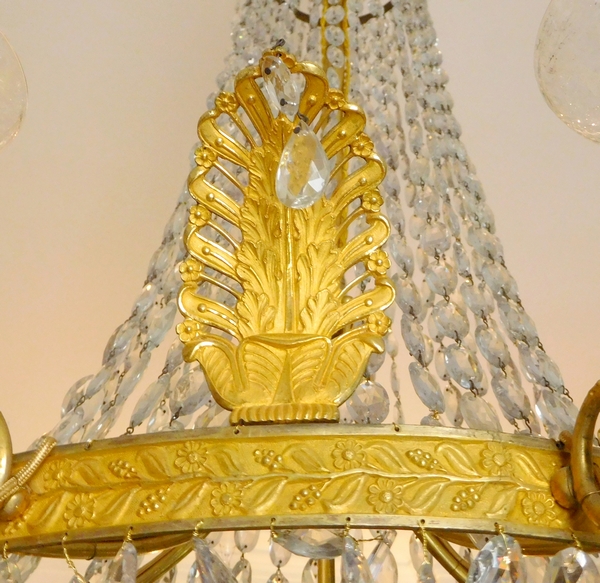 Grand lustre corbeille en cristal et bronze doré au mercure, époque Empire, 10 lumières