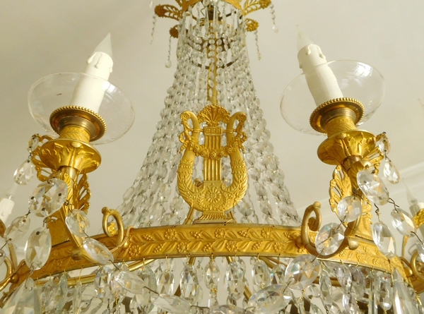 Grand lustre corbeille en cristal et bronze doré au mercure, époque Empire, 10 lumières