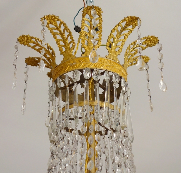 Grand lustre corbeille en cristal et bronze doré au mercure, époque Empire, 10 lumières