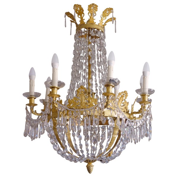 Grand lustre corbeille en cristal et bronze doré au mercure, époque Empire, 8 feux