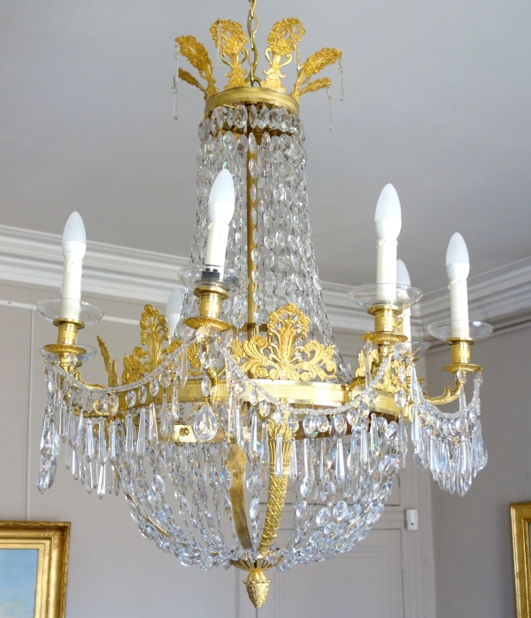 Grand lustre corbeille en cristal et bronze doré au mercure, époque Empire, 8 feux