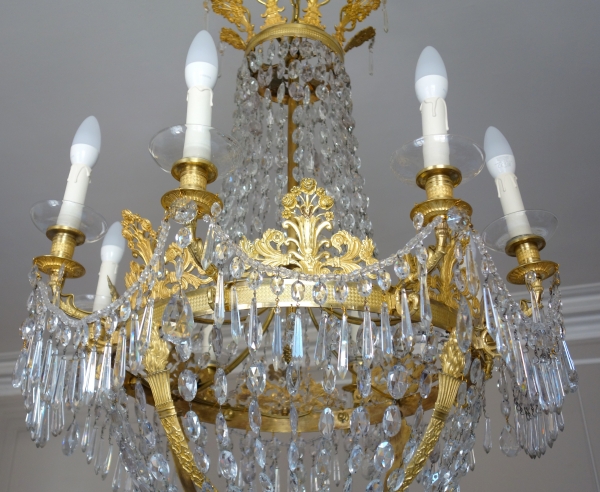 Grand lustre corbeille en cristal et bronze doré au mercure, époque Empire, 8 feux