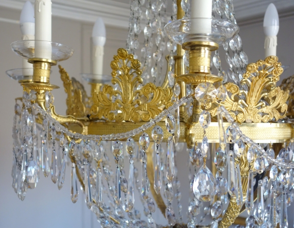 Grand lustre corbeille en cristal et bronze doré au mercure, époque Empire, 8 feux