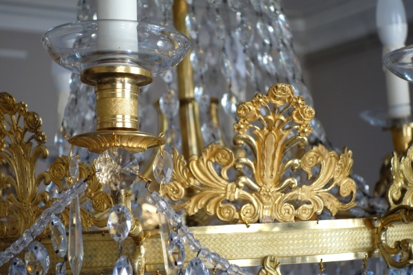 Grand lustre corbeille en cristal et bronze doré au mercure, époque Empire, 8 feux