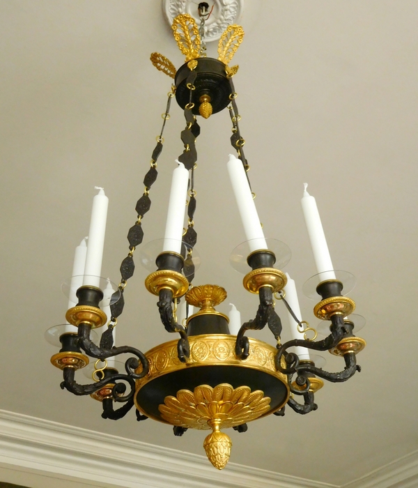 Empire 10 lights chandelier, ormolu and patinated bronze, early 19th century circa 1820