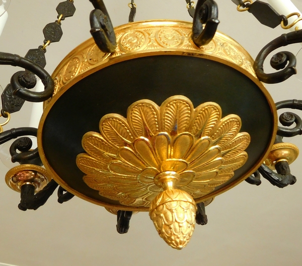 Lustre Empire en bronze patiné et doré au mercure, époque début XIXe - 10 feux