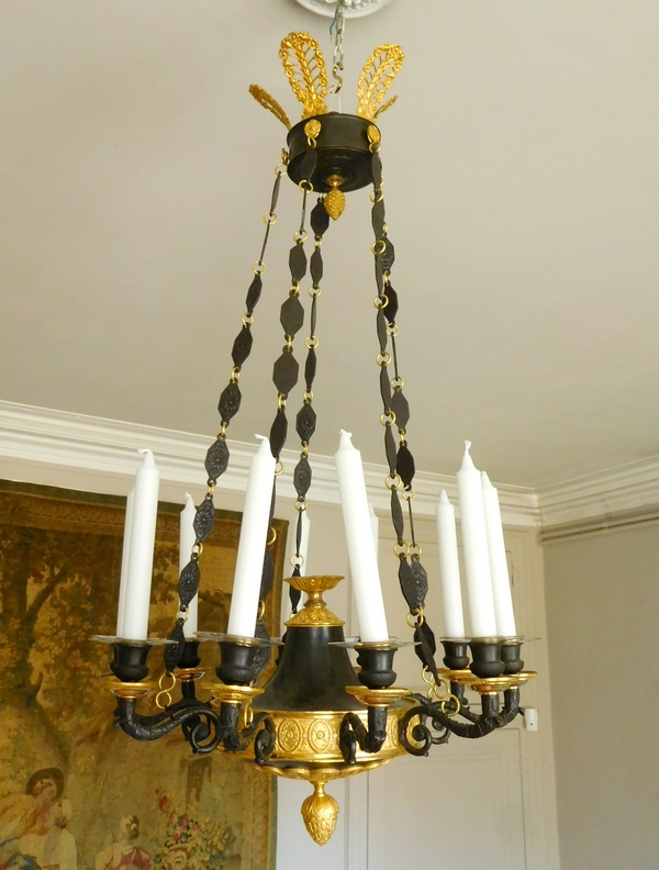 Empire 10 lights chandelier, ormolu and patinated bronze, early 19th century circa 1820