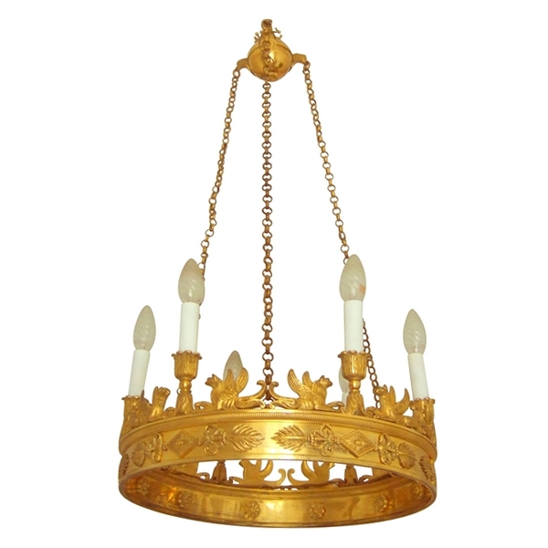 Lustre Empire en bronze ciselé et doré au mercure, aux sphinges, aigles et couronne comtale