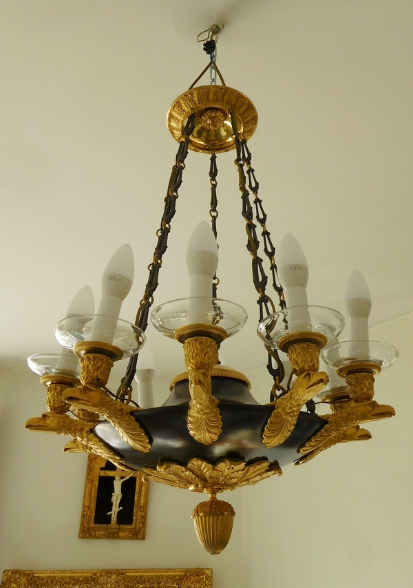 Empire 10 lights chandelier, ormolu and patinated bronze, early 19th century circa 1810-1815