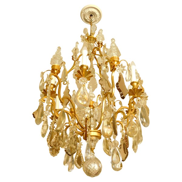 Grand lustre corbeille de style Louis XV à 12 feux, bronze doré et cristal taillé, Maison Bagues