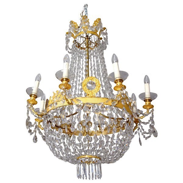 Grand lustre corbeille en cristal et bronze doré au mercure, époque Empire, 8 lumières