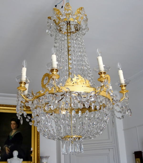 Grand lustre corbeille en cristal et bronze doré au mercure, époque Empire, 8 lumières