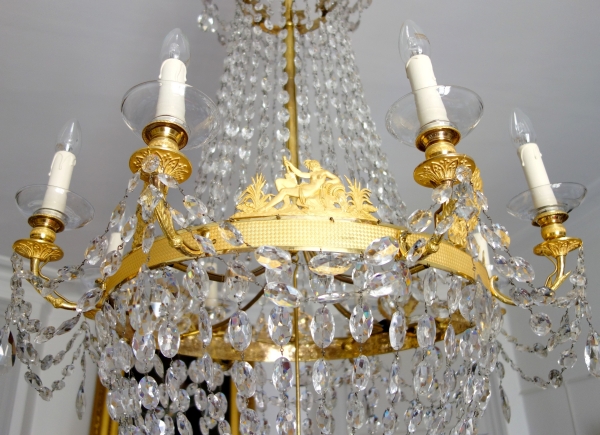 Grand lustre corbeille en cristal et bronze doré au mercure, époque Empire, 8 lumières