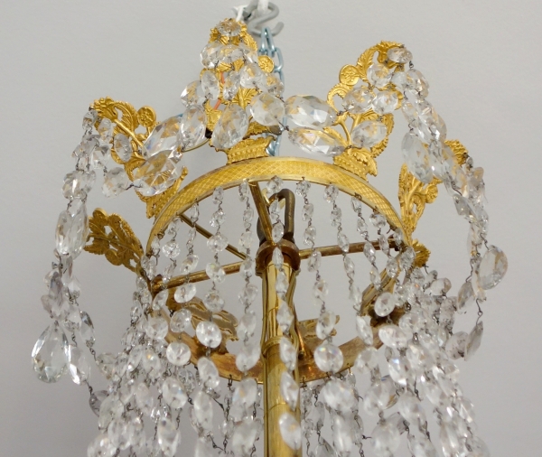 Grand lustre corbeille en cristal et bronze doré au mercure, époque Empire, 8 lumières