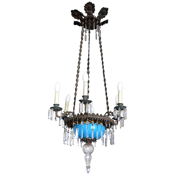 Lustre en cristal de Baccarat et opaline bleue, époque Napoleon III