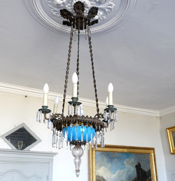 Lustre en cristal de Baccarat et opaline bleue, époque Napoleon III