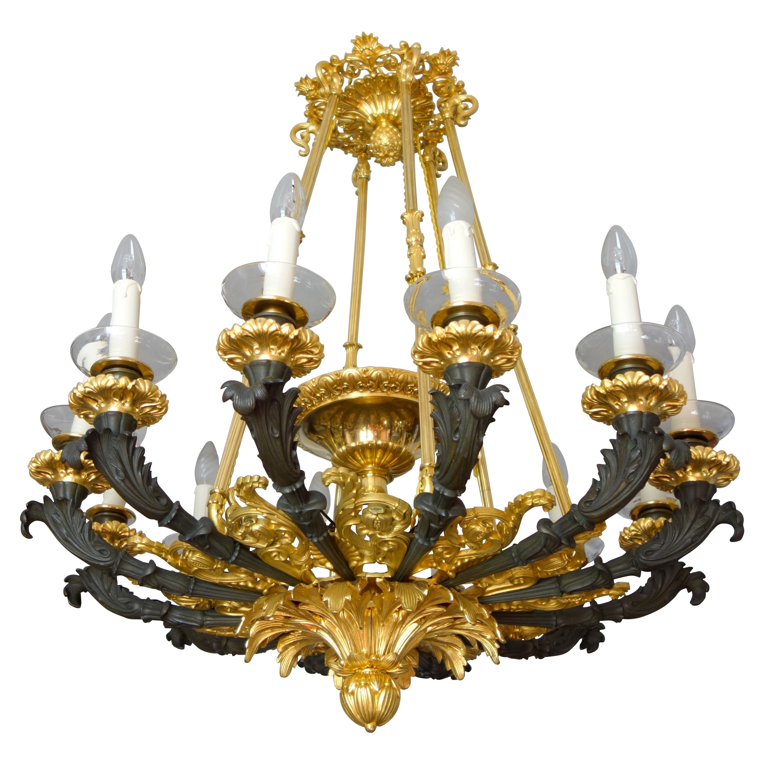 Large 12 lights patinated and gilt bronze chandelier, early 19th century - circa 1830