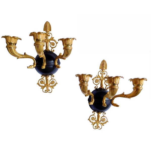 Pair of Empire ormolu and patinated bronze wall lights, early 19th century