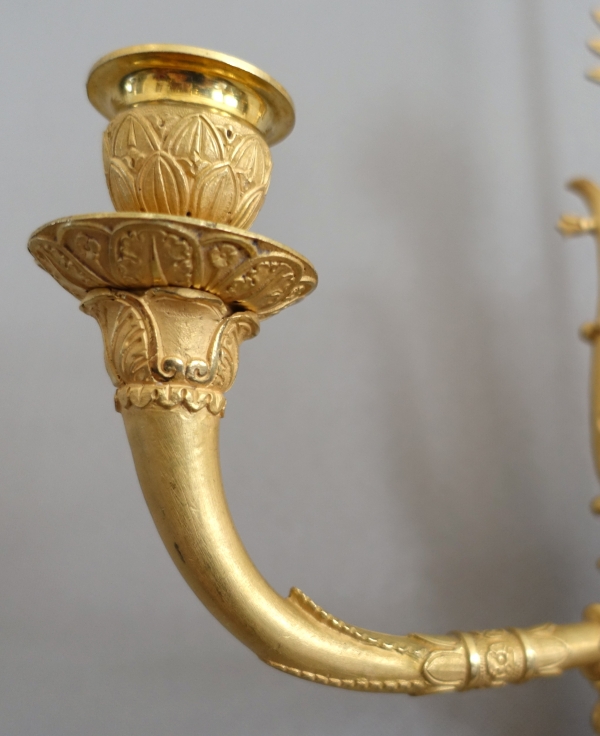 Paire d'appliques Empire en bronze doré au mercure, 3 bras de lumière - attribuées à Claude Galle
