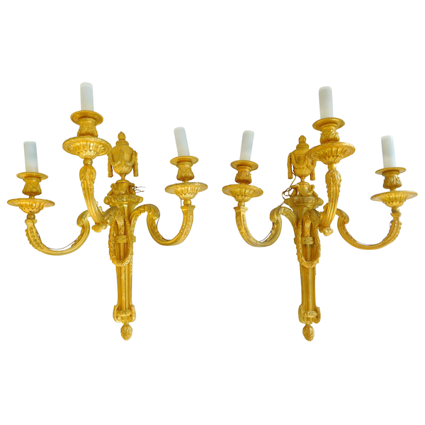 Pair of tall Louis XVI style ormolu wall lights, 19th century production - 54cm