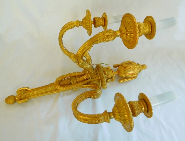 Pair of tall Louis XVI style ormolu wall lights, 19th century production - 54cm