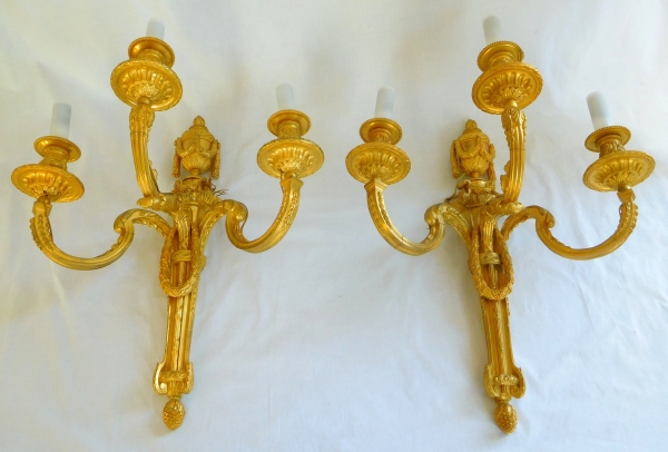 Pair of tall Louis XVI style ormolu wall lights, 19th century production - 54cm