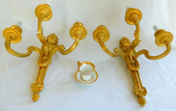 Pair of tall Louis XVI style ormolu wall lights, 19th century production - 54cm