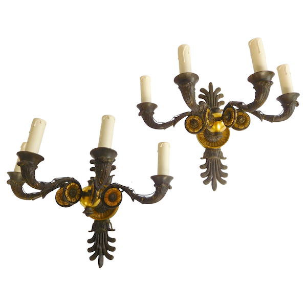 Pair of Empire style ormolu and patinated bronze wall lights, 19th century production