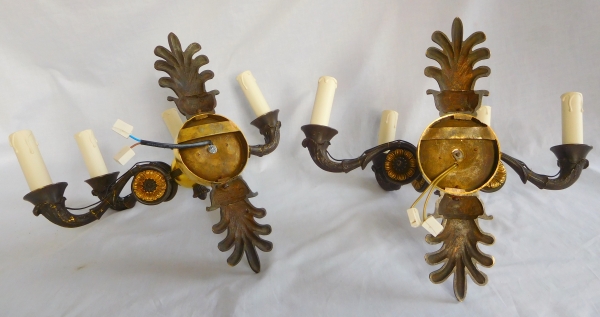 Pair of Empire style ormolu and patinated bronze wall lights, 19th century production