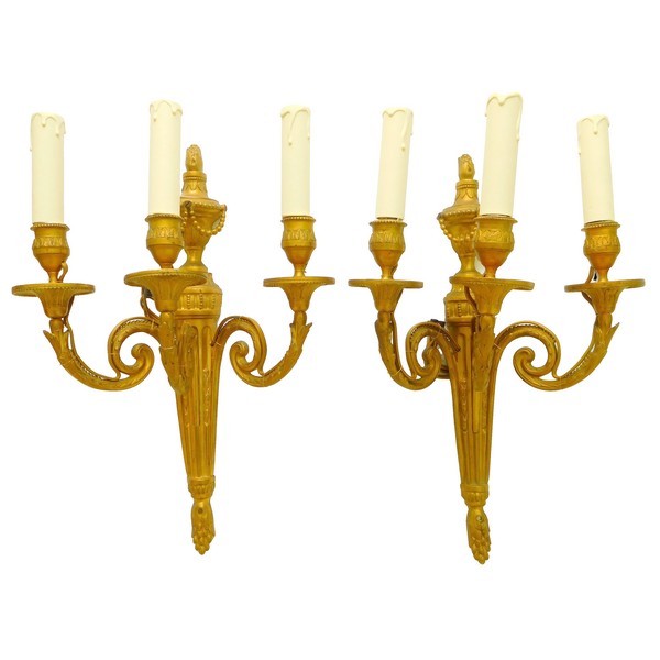 Pair of Louis XVI style ormolu wall lights, 3 lights, Chateau de Pontchartrain