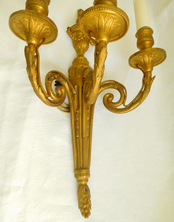 Pair of Louis XVI style ormolu wall lights, 3 lights, Chateau de Pontchartrain