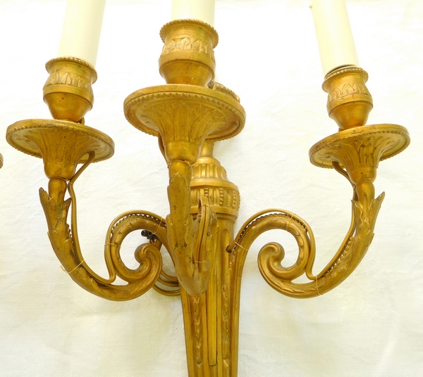 Pair of Louis XVI style ormolu wall lights, 3 lights, Chateau de Pontchartrain