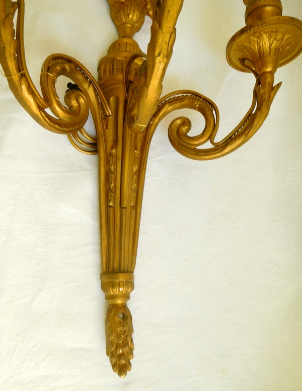 Pair of Louis XVI style ormolu wall lights, 3 lights, Chateau de Pontchartrain