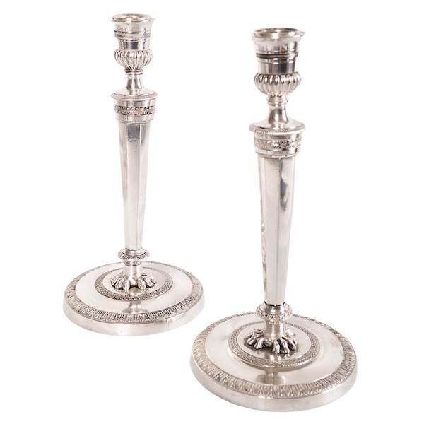 Ravrio : pair of Empire silverplated bronze candlesticks, early 19th century