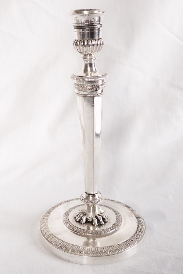 Ravrio : pair of Empire silverplated bronze candlesticks, early 19th century