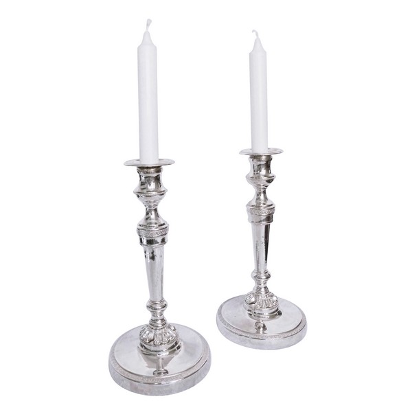 Pair of bronze silver plated candlesticks, Empire period - early 19th century