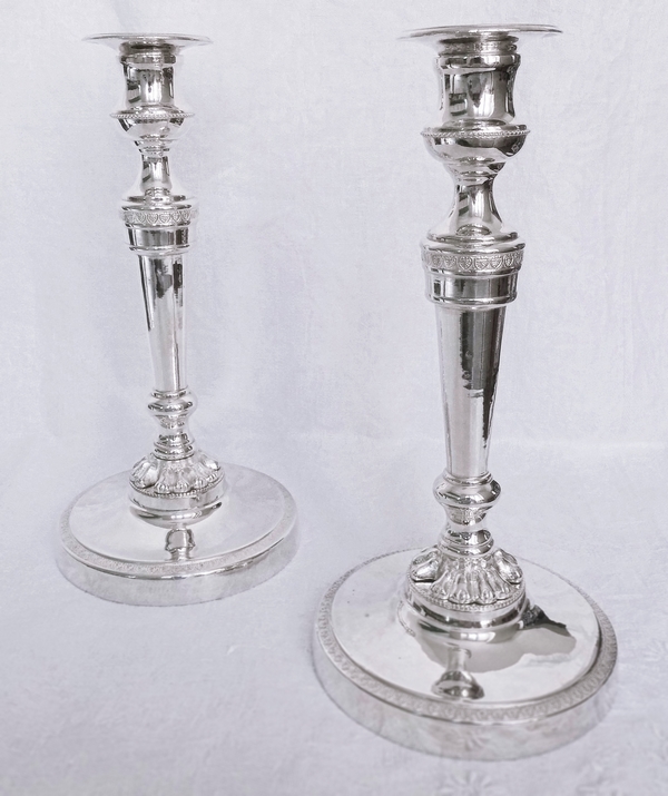 Pair of bronze silver plated candlesticks, Empire period - early 19th century