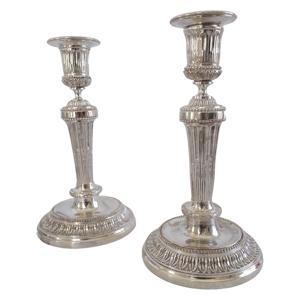 Pair of Louis XVI style silverplate bronze candlesticks after Feuchère