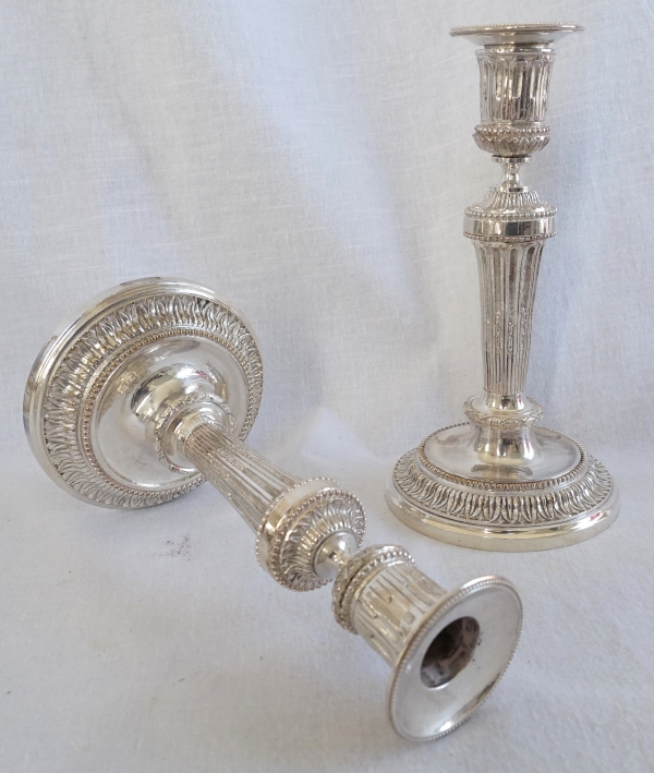 Pair of Louis XVI style silverplate bronze candlesticks after Feuchère