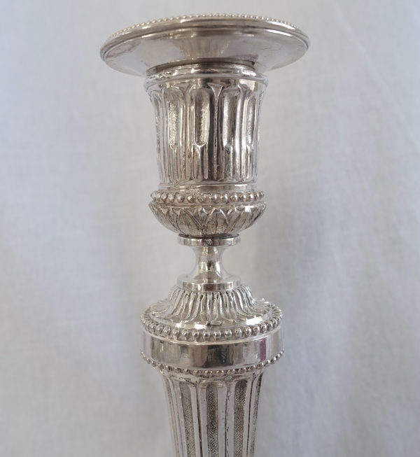 Pair of Louis XVI style silverplate bronze candlesticks after Feuchère