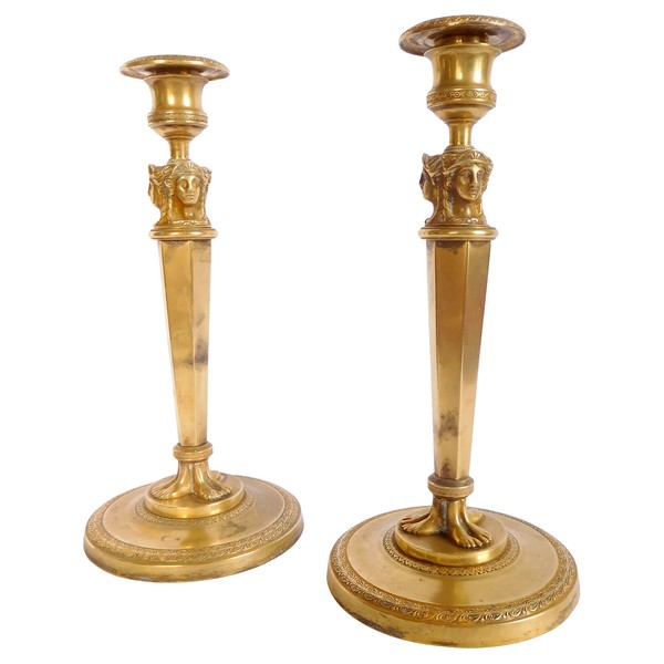 Pair of Empire / French Consulate ormolu candlesticks, early 19th century