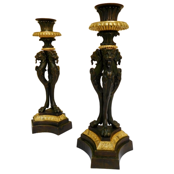 Pair of Empire candlesticks, chimera sculpture, patinated bronze and ormolu, 19th century