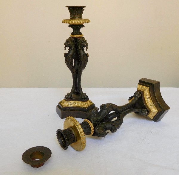 Pair of Empire candlesticks, chimera sculpture, patinated bronze and ormolu, 19th century