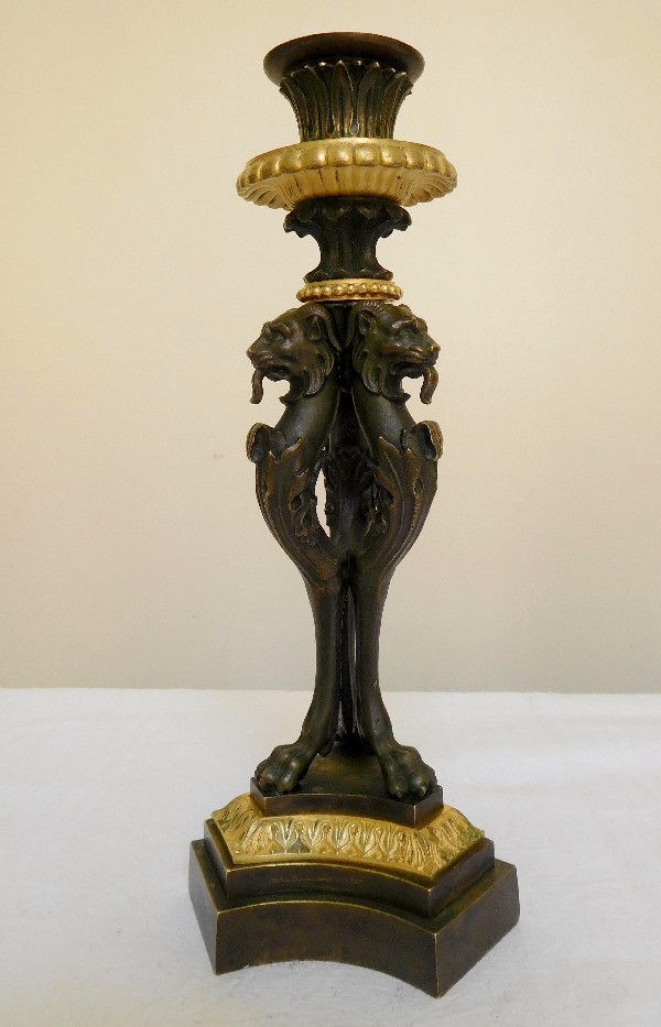 Pair of Empire candlesticks, chimera sculpture, patinated bronze and ormolu, 19th century