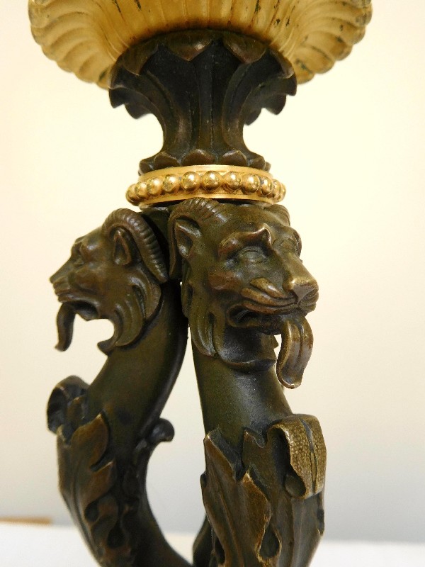 Pair of Empire candlesticks, chimera sculpture, patinated bronze and ormolu, 19th century