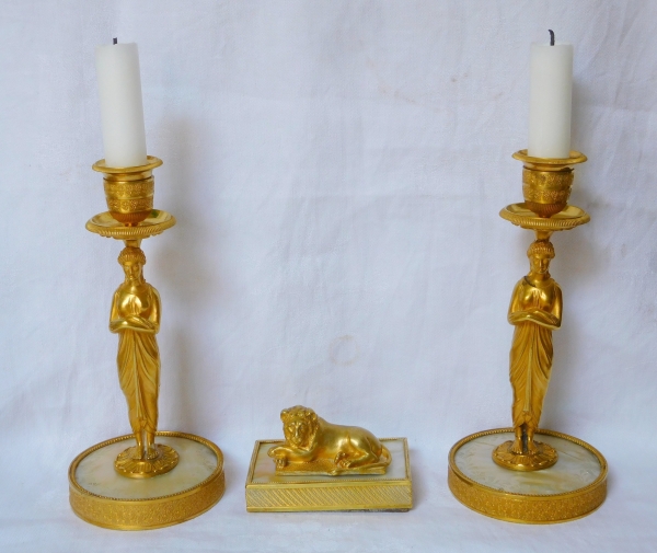 Pair of ormolu and mother of pearl Empire candlesticks, early 19th century