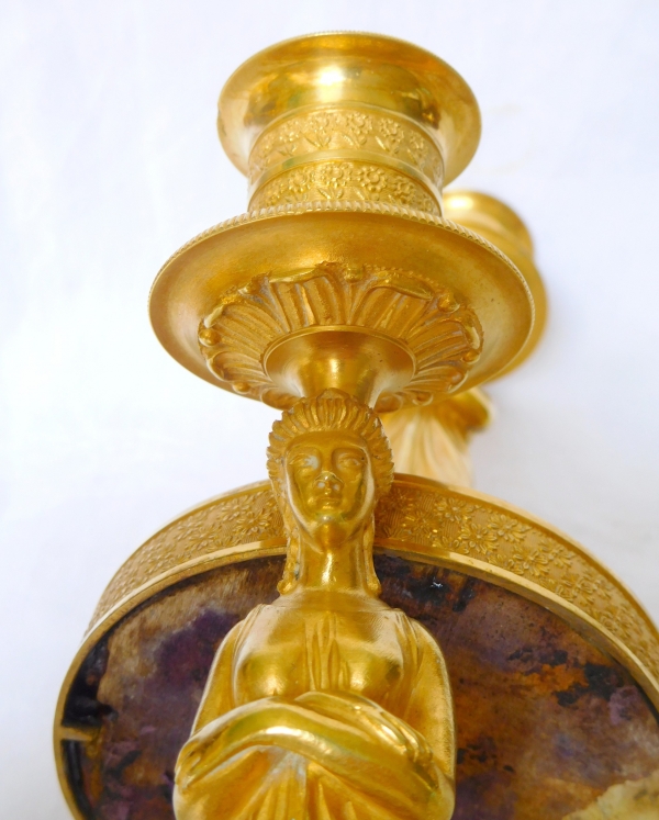 Pair of ormolu and mother of pearl Empire candlesticks, early 19th century